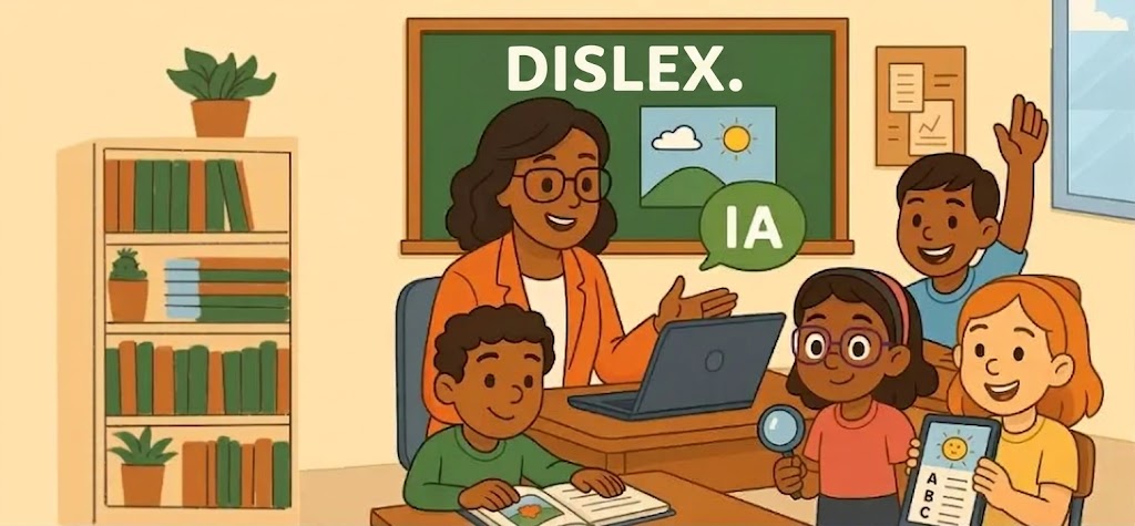 Ilustração de uma sala de aula inclusiva com IA
